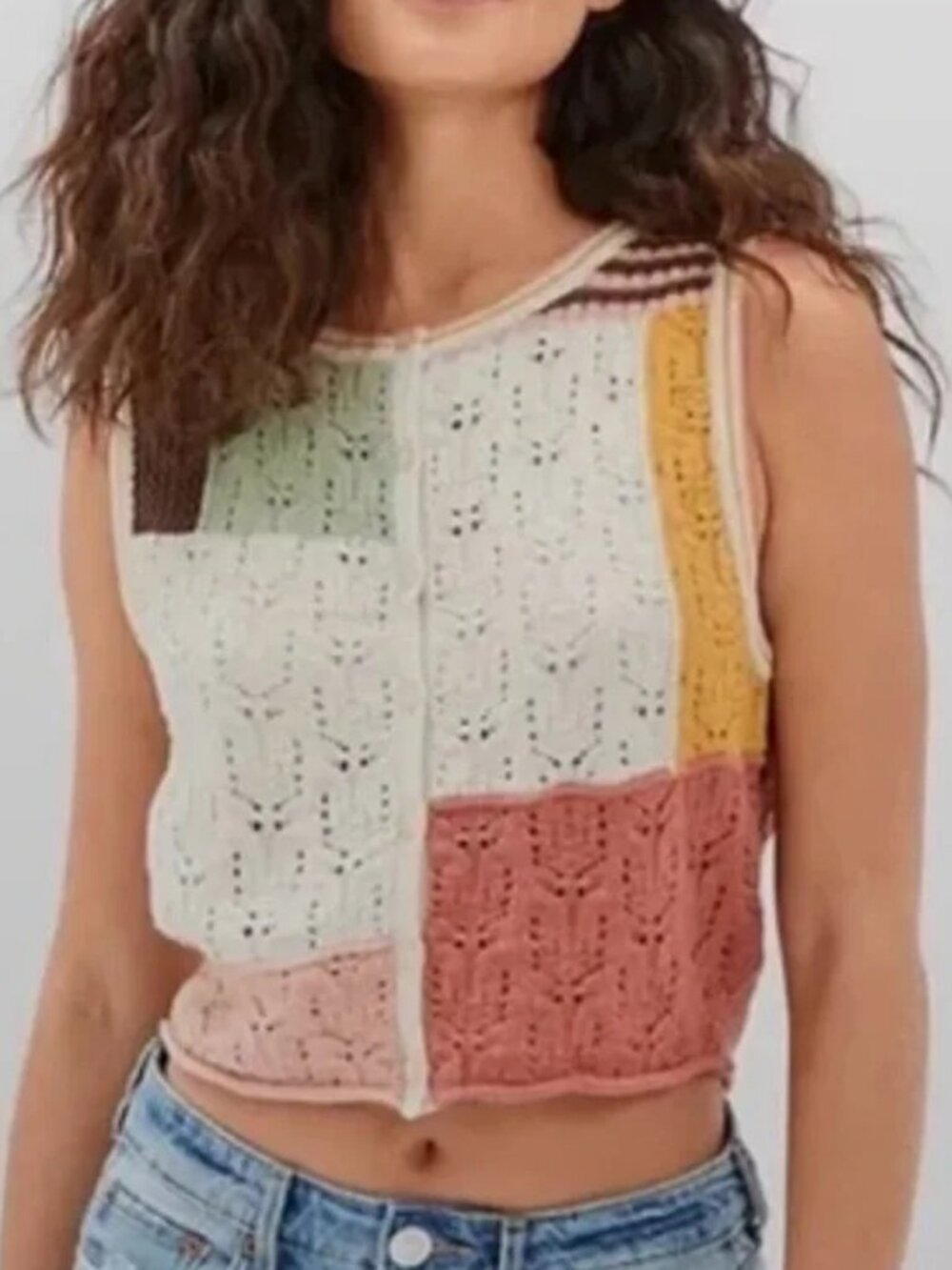 American Eagle Patchwork Knit Crochet Tank Sweater Vest Small Button Up Boho Y2K